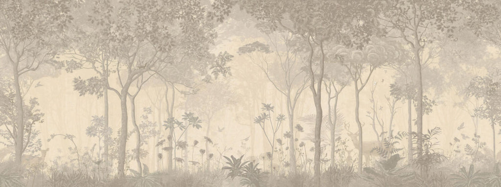 Beige Forest Wallpaper : Sepia Woodland Deer Mural - flat design