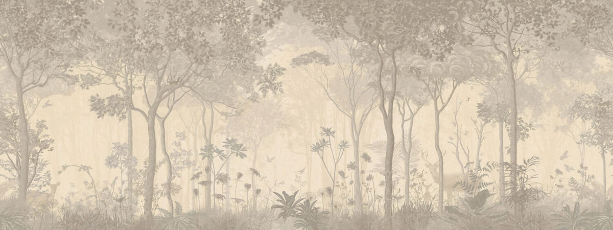 Beige Forest Wallpaper : Sepia Woodland Deer Mural - flat design
