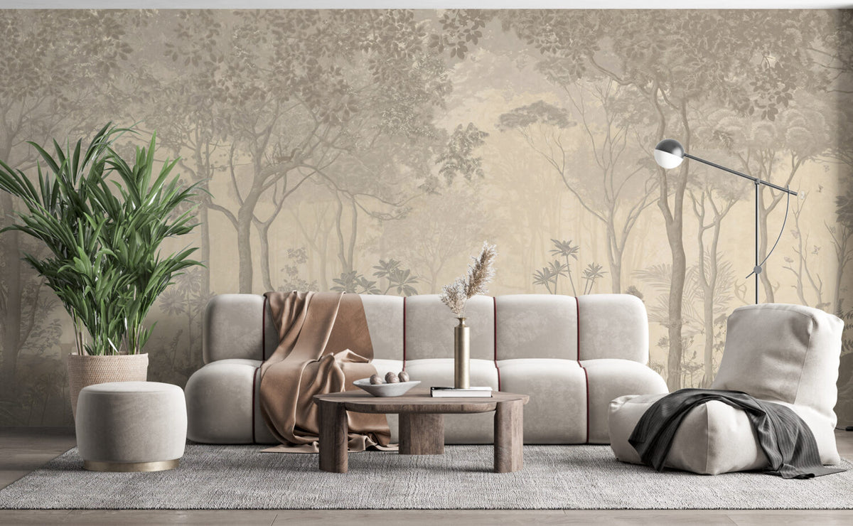 Beige Forest Wallpaper : Sepia Woodland Deer Mural - View 5