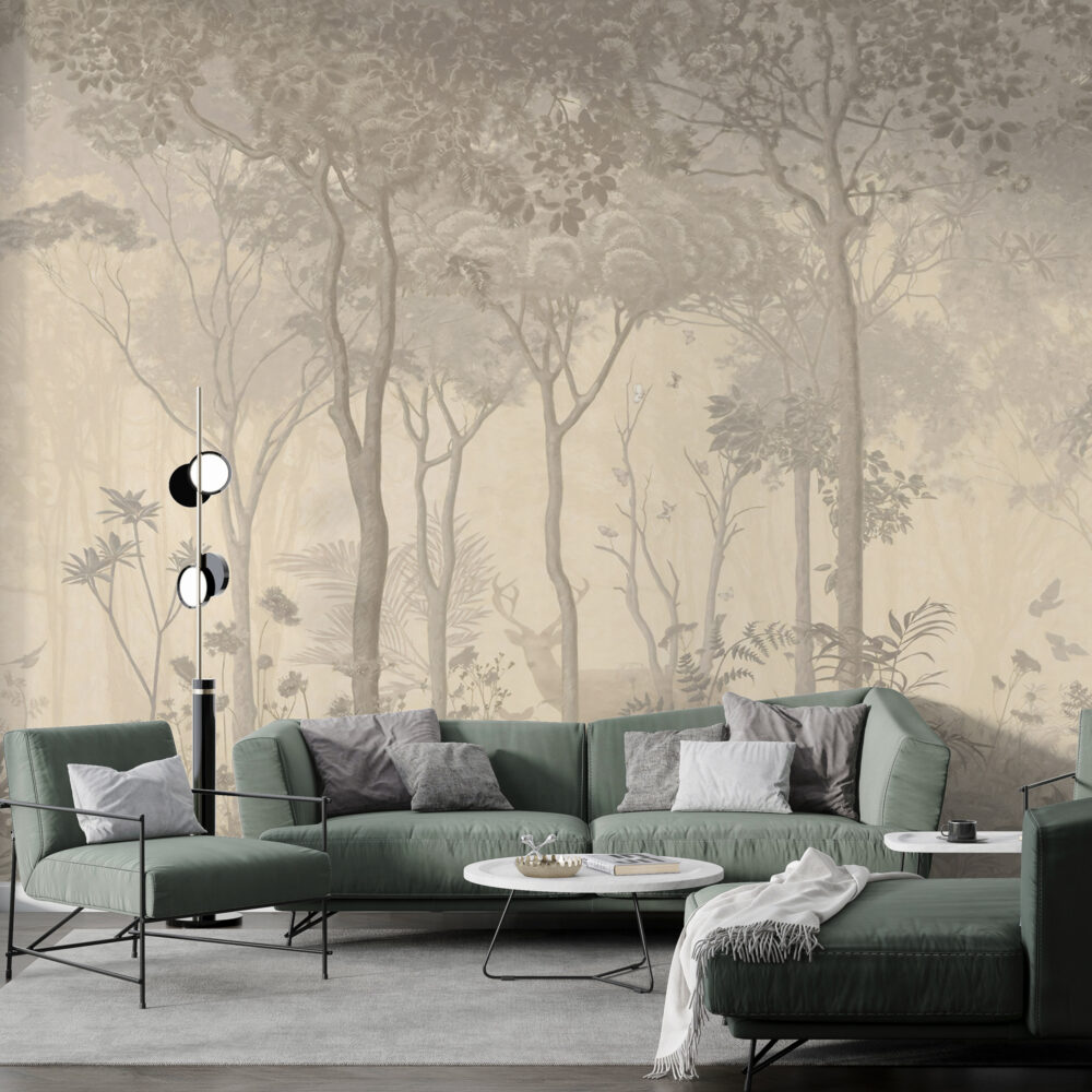Beige Forest Wallpaper : Sepia Woodland Deer Mural