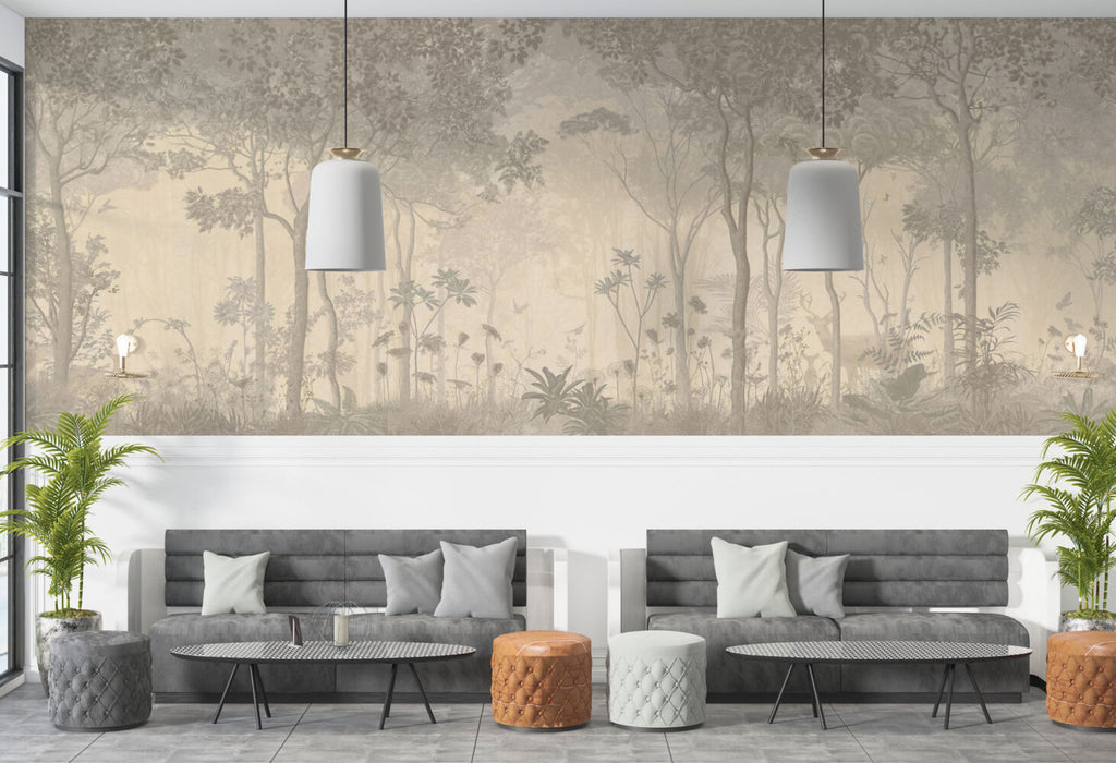 Beige Forest Wallpaper : Sepia Woodland Deer Mural - View 4