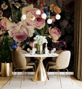 Dark Floral Wallpaper : Painted Roses and Butterflies on Black Mural