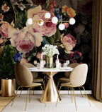 Dark Floral Wallpaper : Painted Roses and Butterflies on Black Mural