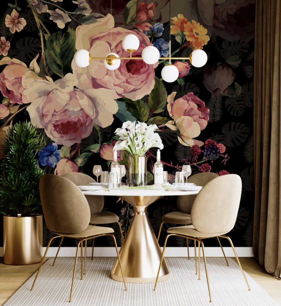 Dark Floral Wallpaper : Painted Roses and Butterflies on Black Mural