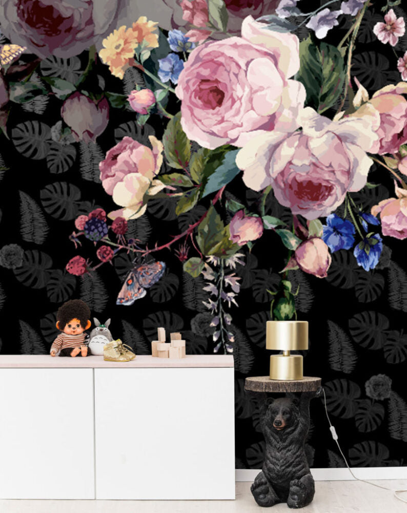 Dark Floral Wallpaper : Painted Roses and Butterflies on Black Mural - View 5