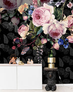 Dark Floral Wallpaper : Painted Roses and Butterflies on Black Mural - View 5