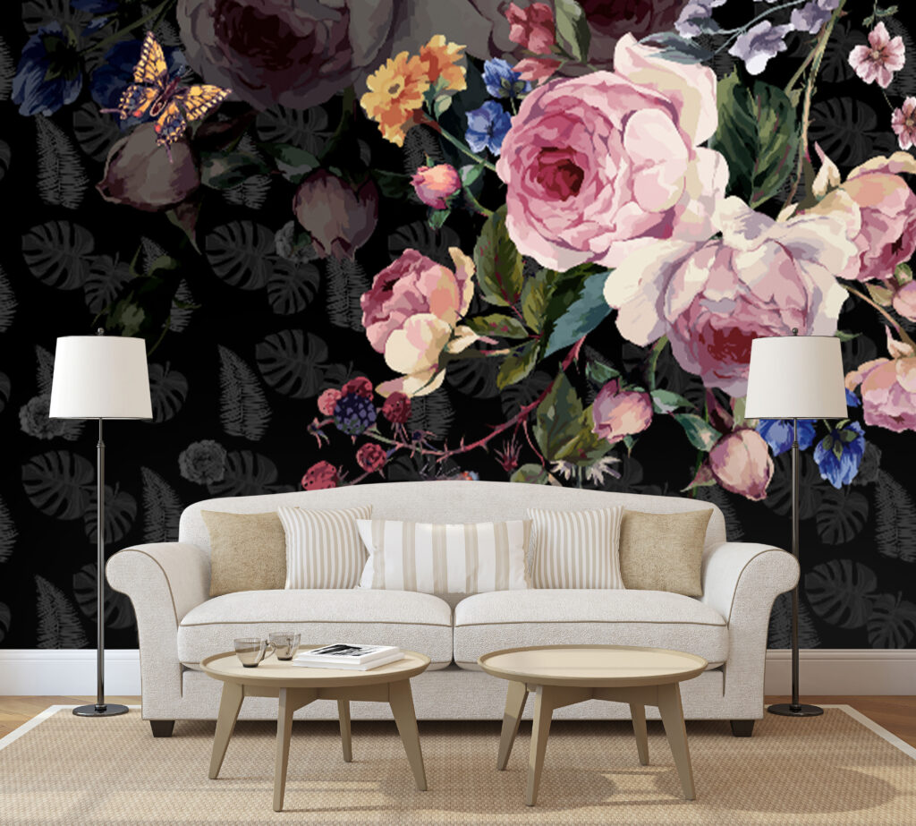 Dark Floral Wallpaper : Painted Roses and Butterflies on Black Mural - View 4