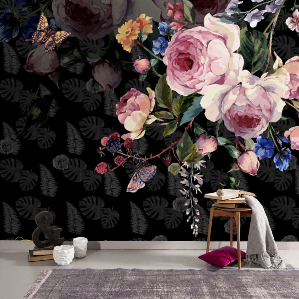 Dark Floral Wallpaper : Painted Roses and Butterflies on Black Mural - View 3