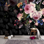 Dark Floral Wallpaper : Painted Roses and Butterflies on Black Mural - View 3