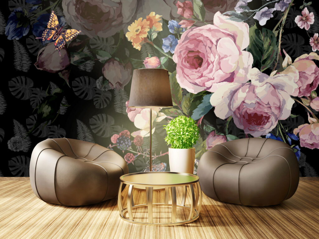 Dark Floral Wallpaper : Painted Roses and Butterflies on Black Mural - View 2