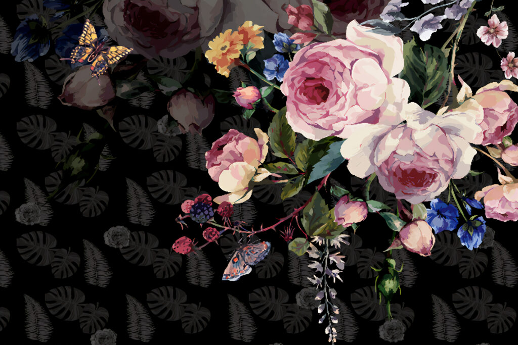 Dark Floral Wallpaper : Painted Roses and Butterflies on Black Mural - flat design