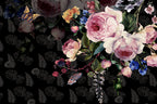 Dark Floral Wallpaper : Painted Roses and Butterflies on Black Mural - flat design
