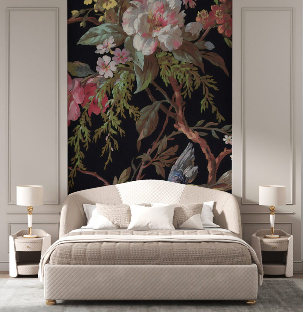 Black Chinoiserie Wallpaper : Blossom Branch and Bird Mural