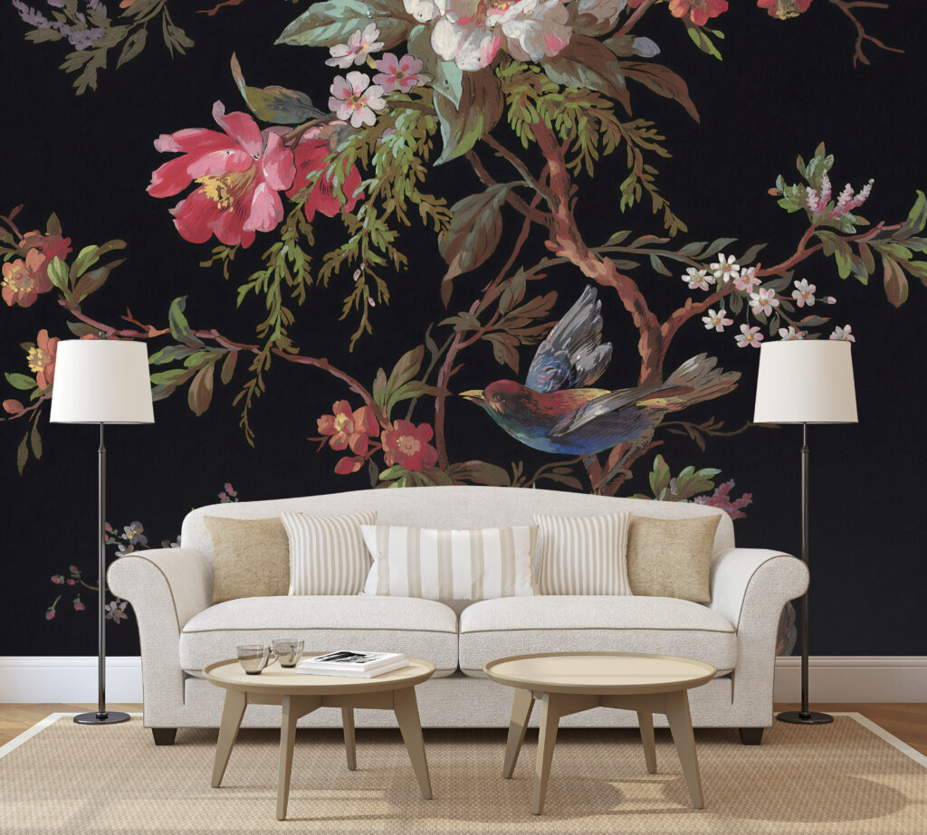 Black Chinoiserie Wallpaper : Blossom Branch and Bird Mural - View 3