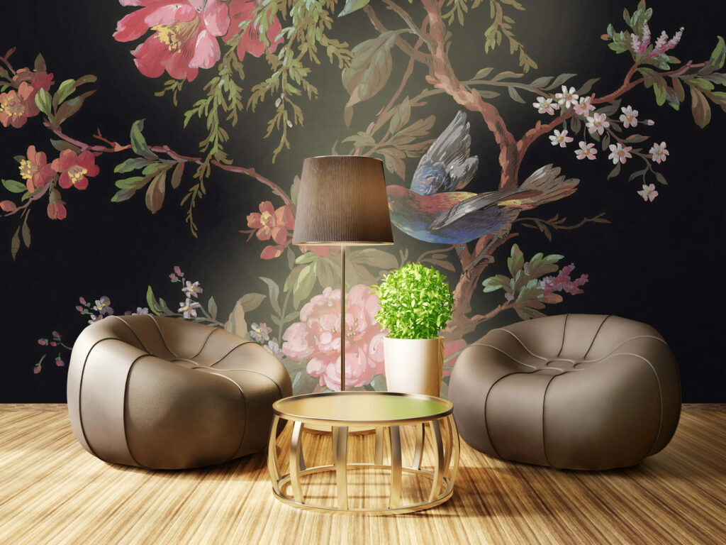 Black Chinoiserie Wallpaper : Blossom Branch and Bird Mural - View 2