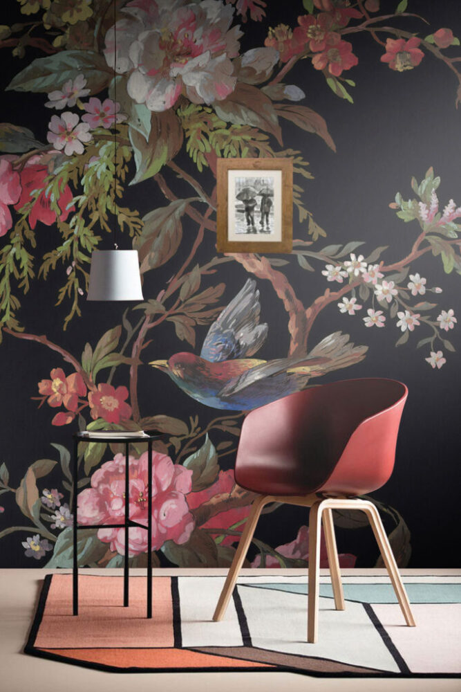 Black Chinoiserie Wallpaper : Blossom Branch and Bird Mural - View 5