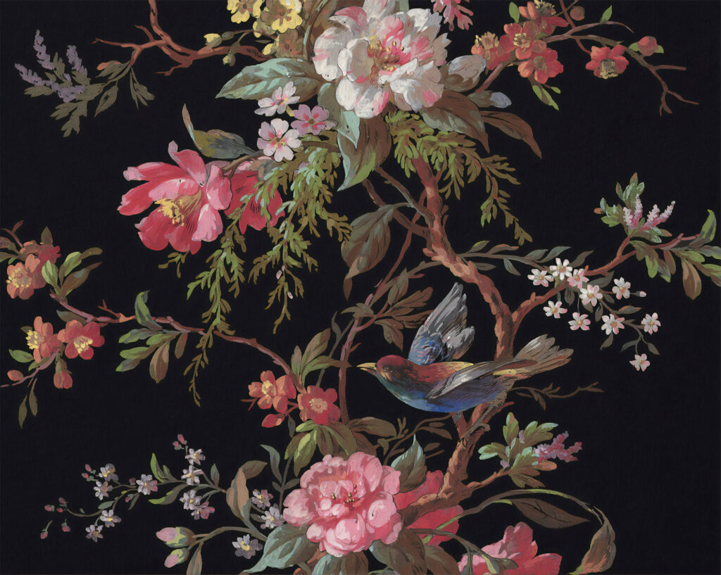 Black Chinoiserie Wallpaper : Blossom Branch and Bird Mural - flat design