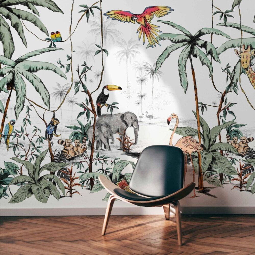 Jungle Elephant Wallpaper : Palms And Flamingos Mural