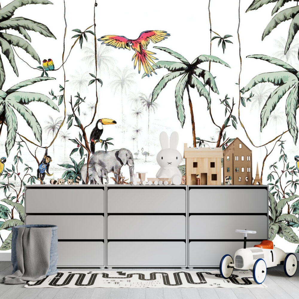 Jungle Elephant Wallpaper : Palms And Flamingos Mural - View 4