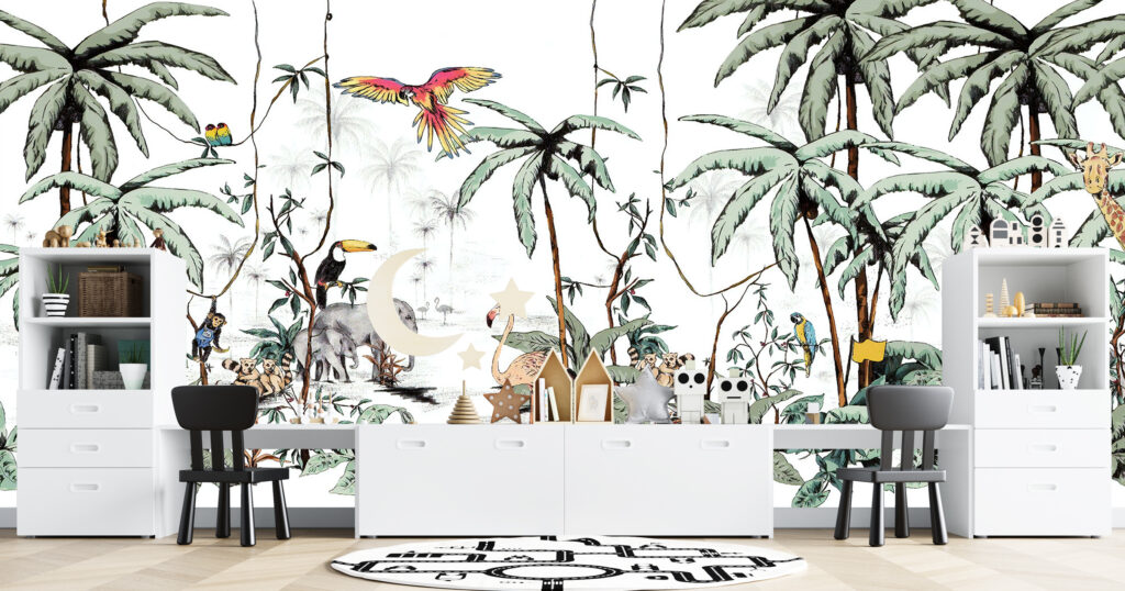 Jungle Elephant Wallpaper : Palms And Flamingos Mural - View 3