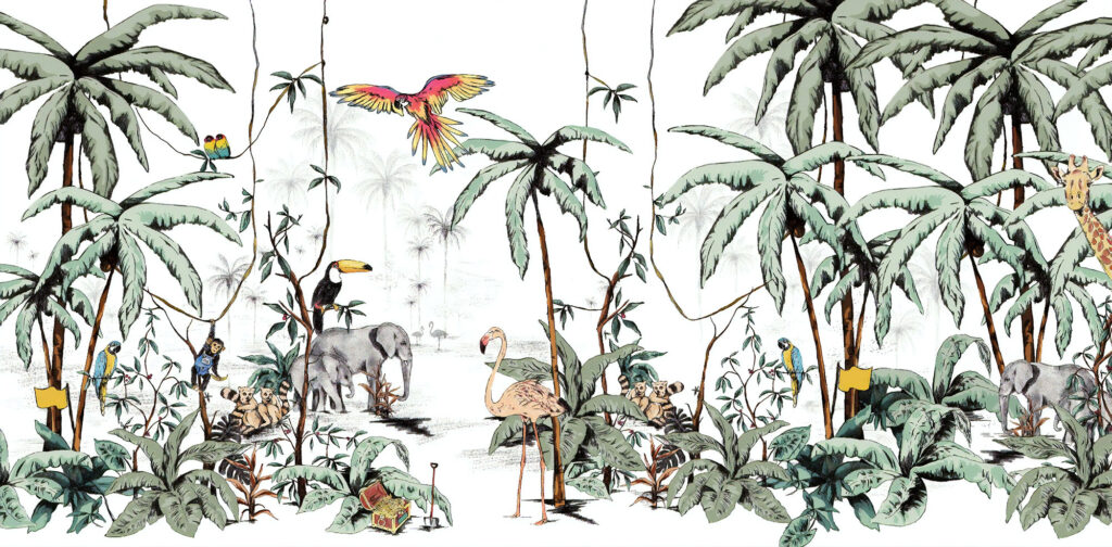 Jungle Elephant Wallpaper : Palms And Flamingos Mural - View 2