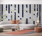 White Marble Geometric Wallpaper : Navy Blocks and Gold Lines Mural - View 2