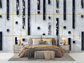 White Marble Geometric Wallpaper : Navy Blocks and Gold Lines Mural