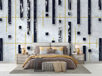 White Marble Geometric Wallpaper : Navy Blocks and Gold Lines Mural