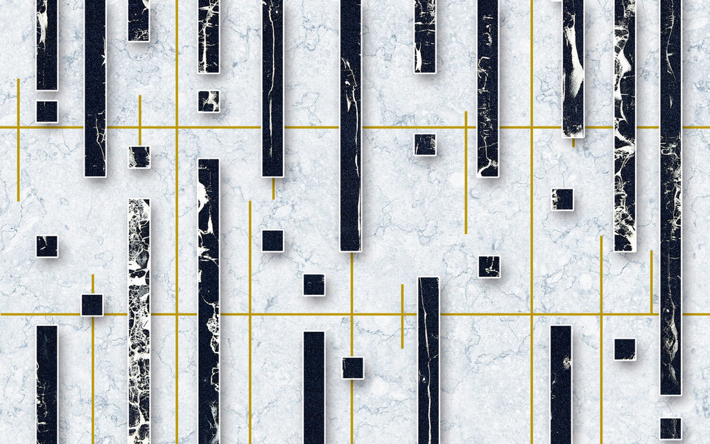 White Marble Geometric Wallpaper : Navy Blocks and Gold Lines Mural - flat design