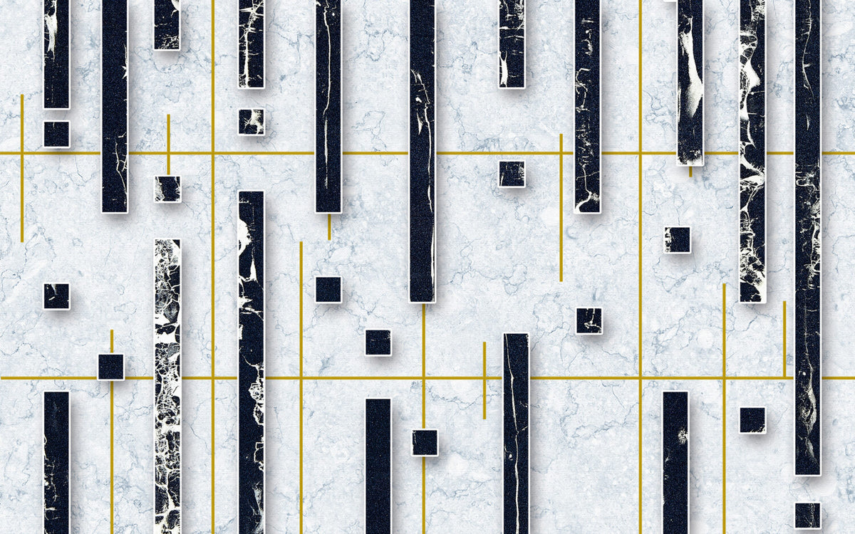 White Marble Geometric Wallpaper : Navy Blocks and Gold Lines Mural - flat design
