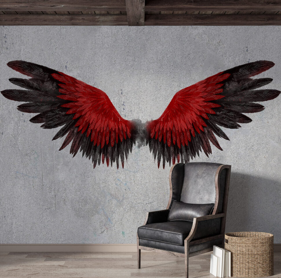 Red Angel Wings Wallpaper : Feathered Wings on Grey Concrete Mural - View 2