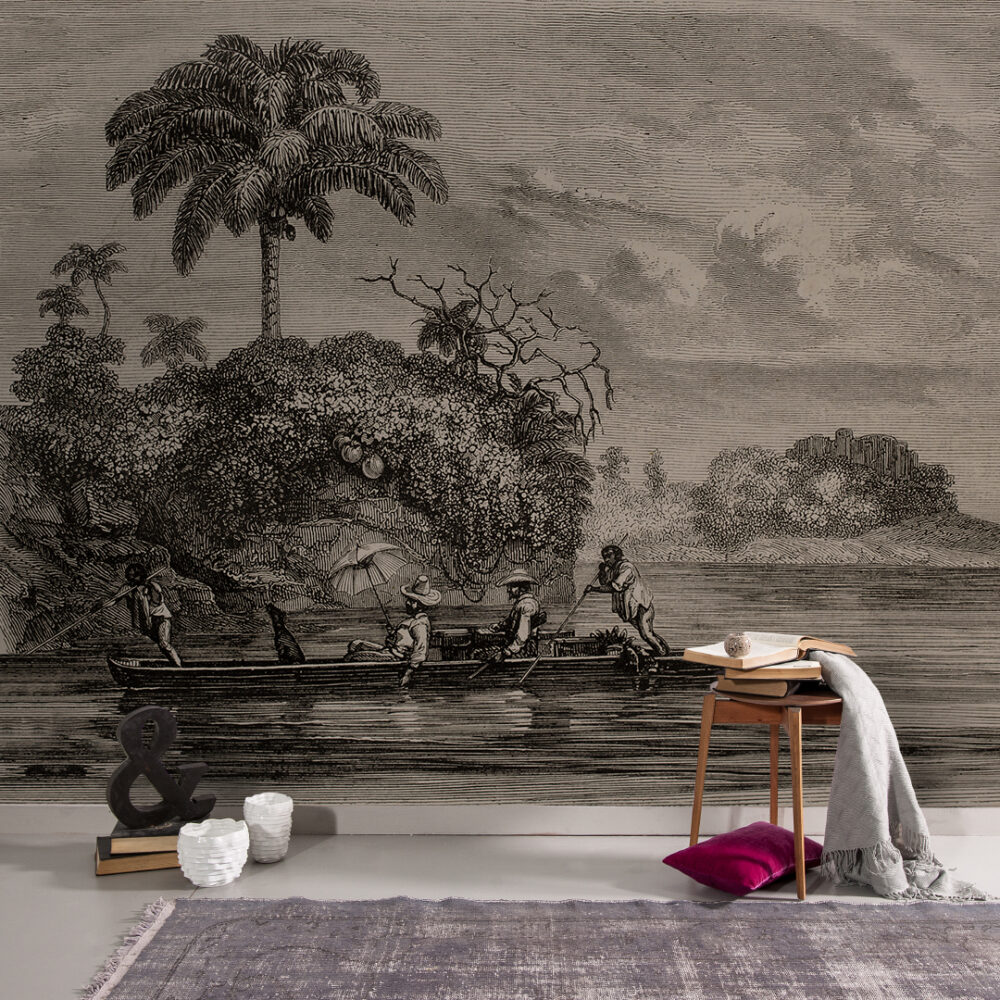 Vintage Engraving Wallpaper : Tropical River Canoe Sepia Mural - View 2