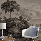 Vintage Engraving Wallpaper : Tropical River Canoe Sepia Mural - View 3