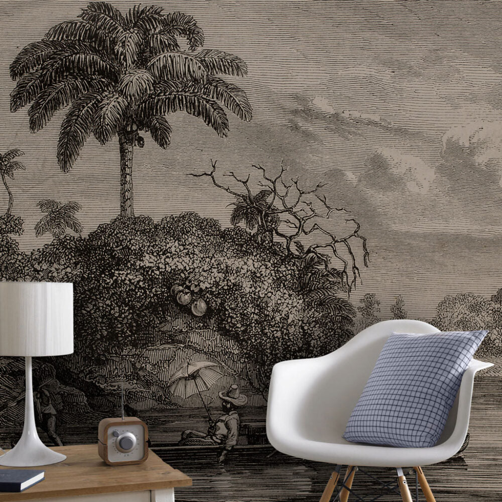 Vintage Engraving Wallpaper : Tropical River Canoe Sepia Mural - View 3