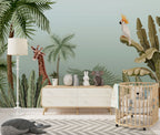 Jungle Giraffe Wallpaper : Palms and Cockatoo on Sage Mural