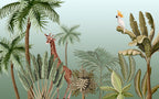 Jungle Giraffe Wallpaper : Palms and Cockatoo on Sage Mural - flat design