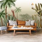 Cream Jungle Wallpaper : Parrot And Giraffe Tree Mural