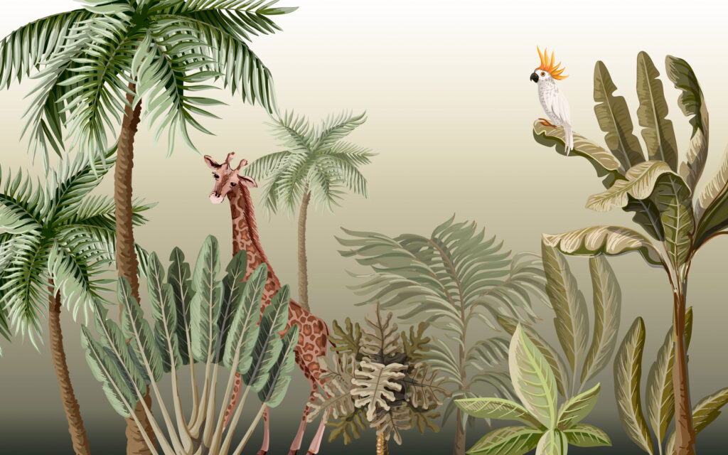 Cream Jungle Wallpaper : Parrot And Giraffe Tree Mural - View 2