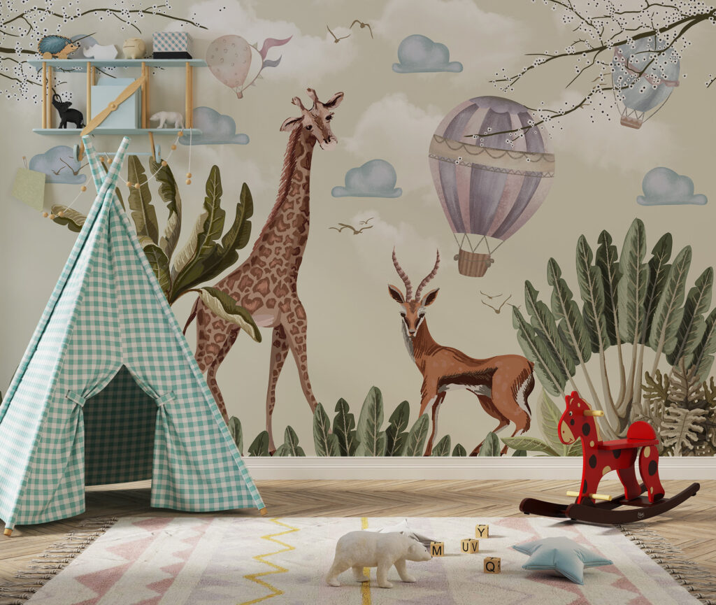 Safari Giraffe Wallpaper : Antelope and Balloons Kids Mural
