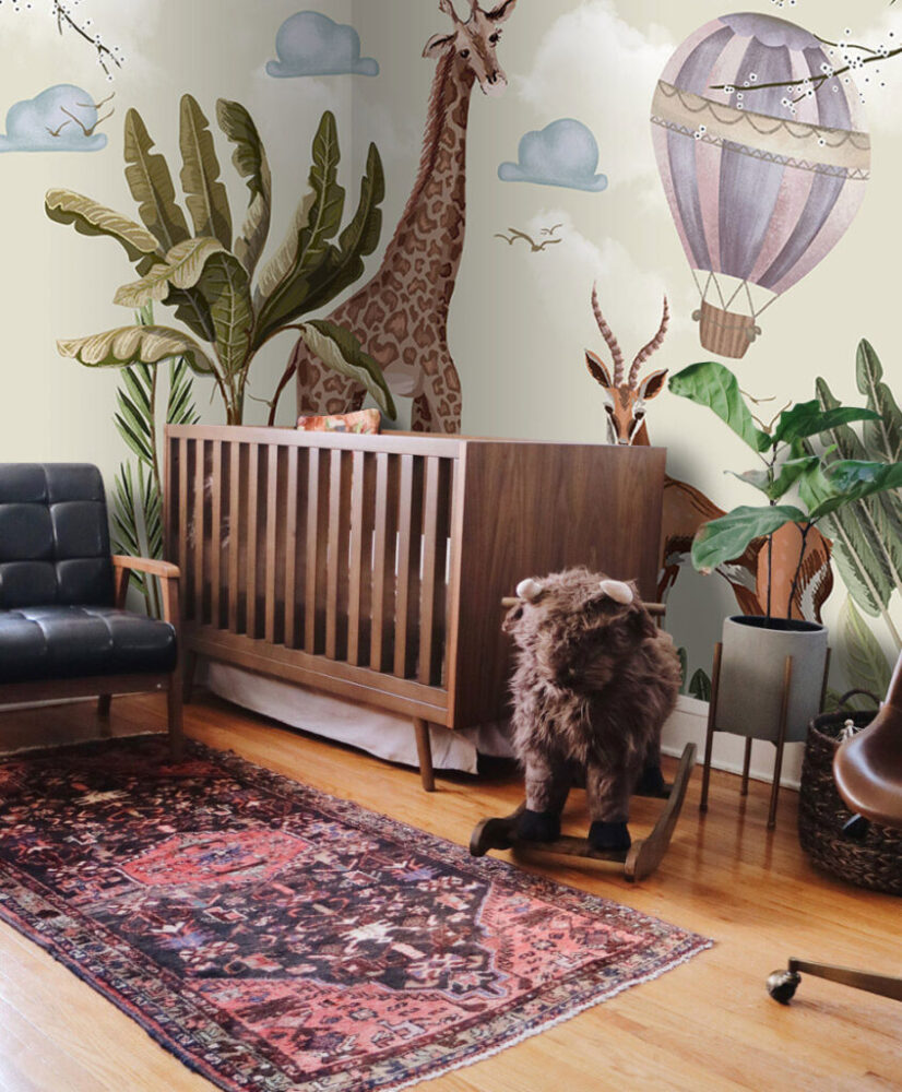 Safari Giraffe Wallpaper : Antelope and Balloons Kids Mural - View 5