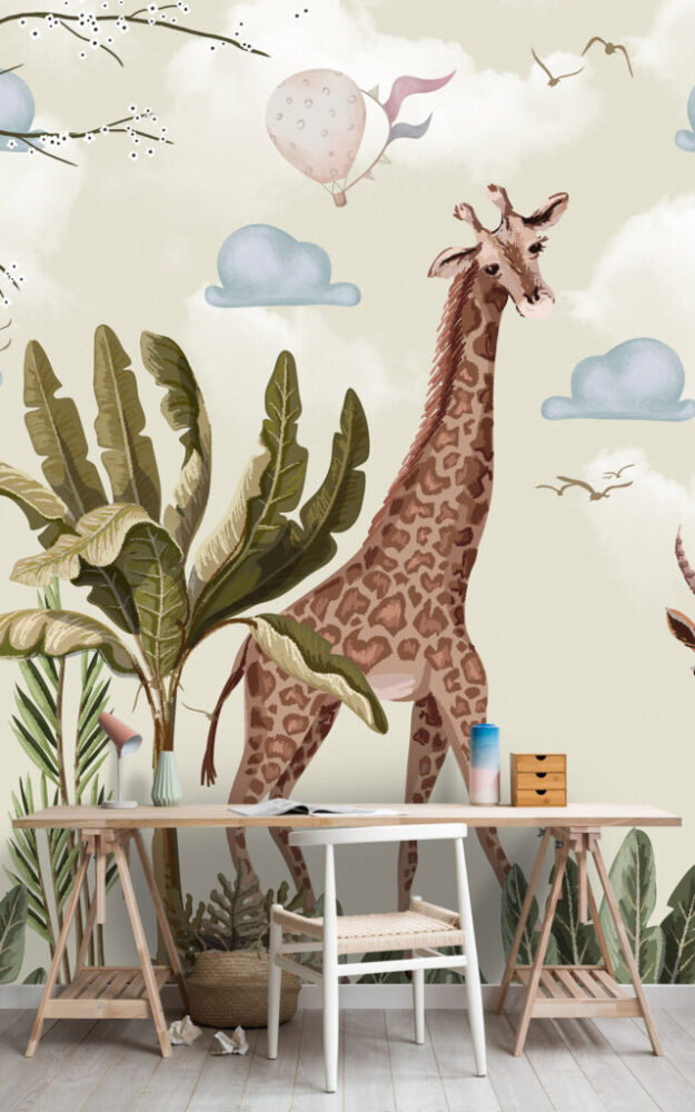 Safari Giraffe Wallpaper : Antelope and Balloons Kids Mural - View 4