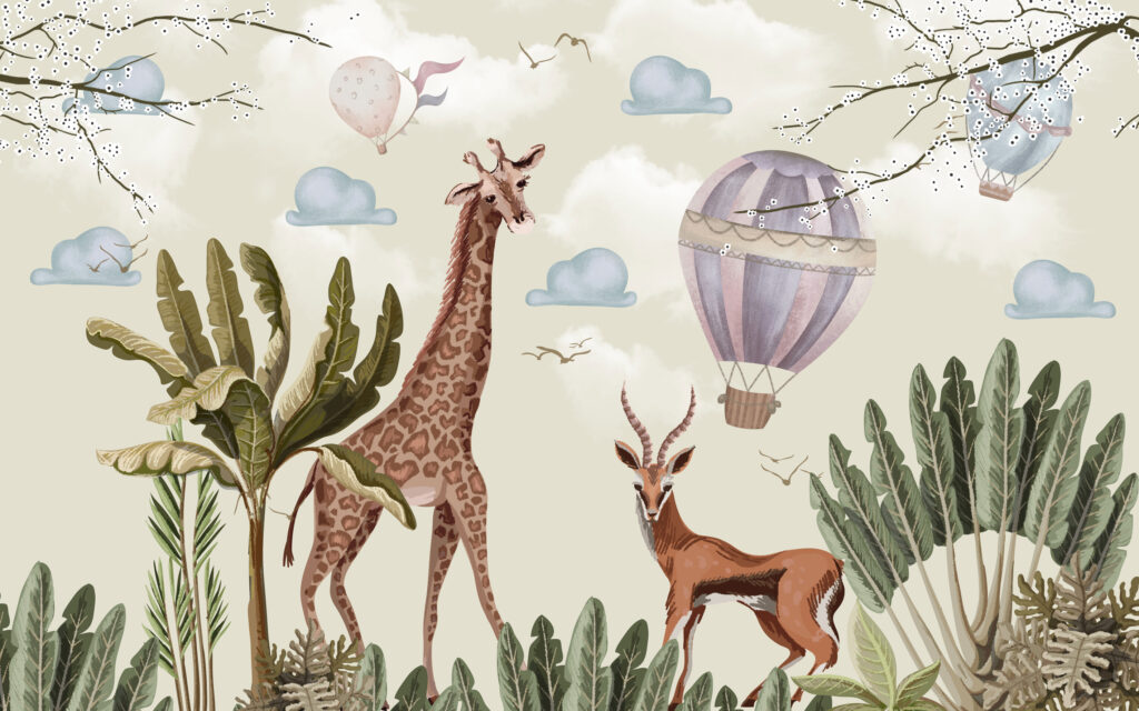 Safari Giraffe Wallpaper : Antelope and Balloons Kids Mural - flat design