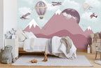 Pink Mountain Wallpaper : Balloons and Planes Kids Mural - View 2