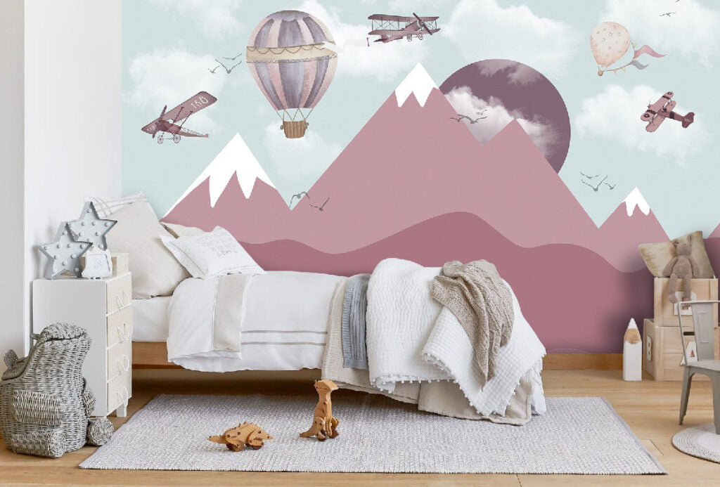 Pink Mountain Wallpaper : Balloons and Planes Kids Mural - View 2