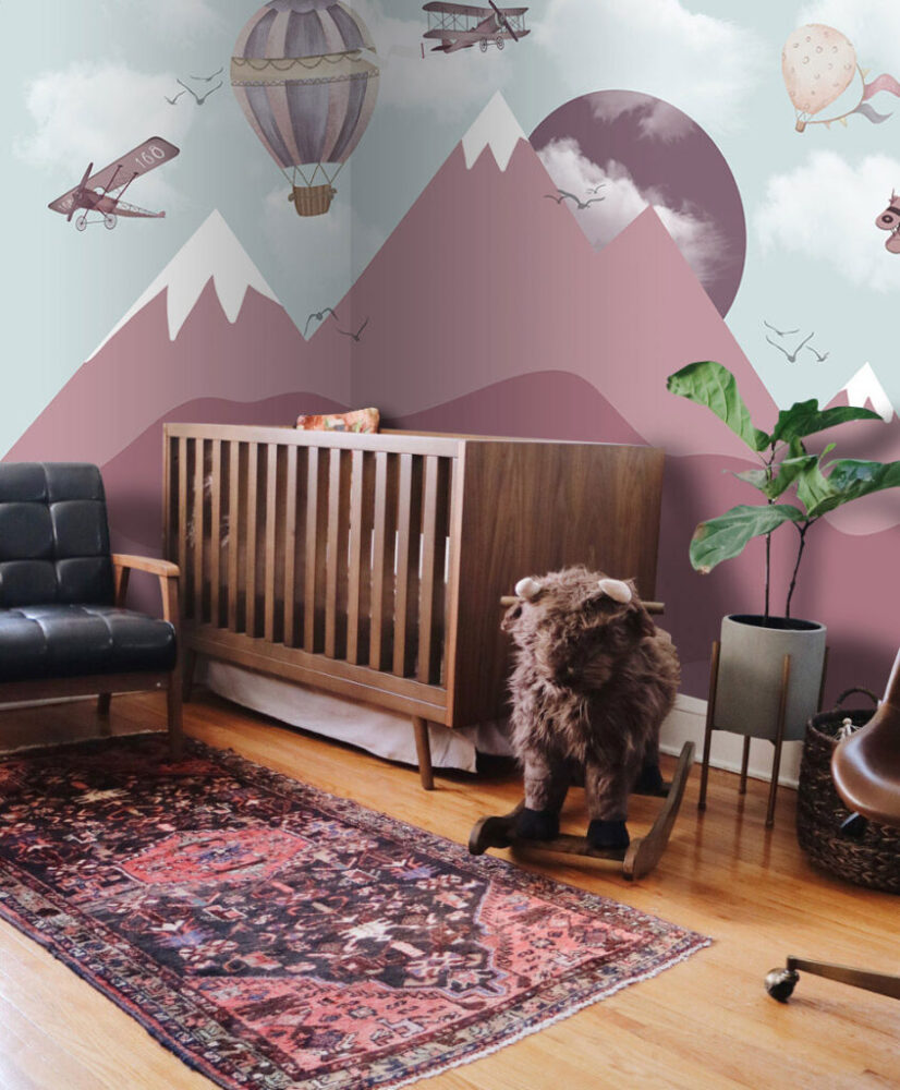 Pink Mountain Wallpaper : Balloons and Planes Kids Mural - View 5