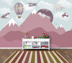Pink Mountain Wallpaper : Balloons and Planes Kids Mural - View 4