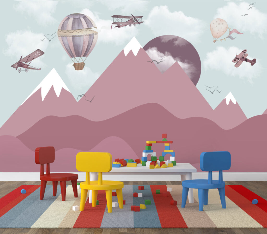 Pink Mountain Wallpaper : Balloons and Planes Kids Mural - View 3