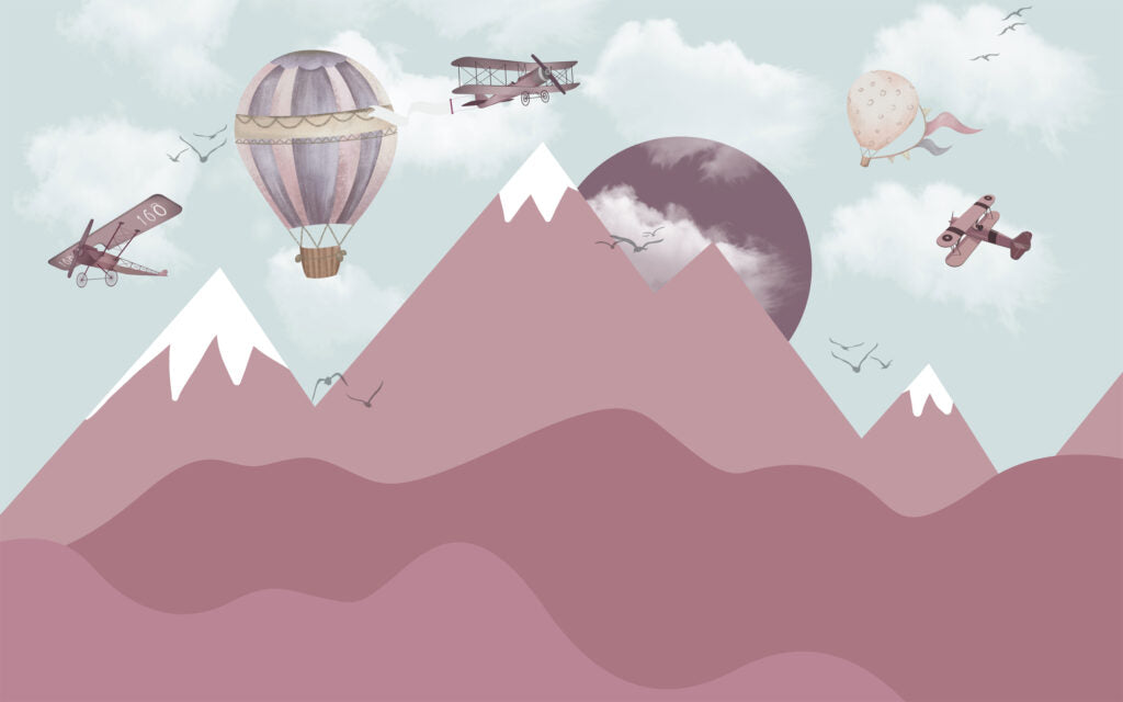 Pink Mountain Wallpaper : Balloons and Planes Kids Mural - flat design