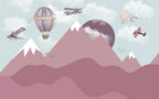 Pink Mountain Wallpaper : Balloons and Planes Kids Mural - flat design