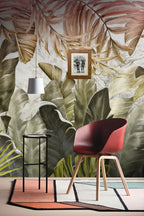 Tropical Banana Leaf Wallpaper : Olive and Coral Jungle Mural - View 3